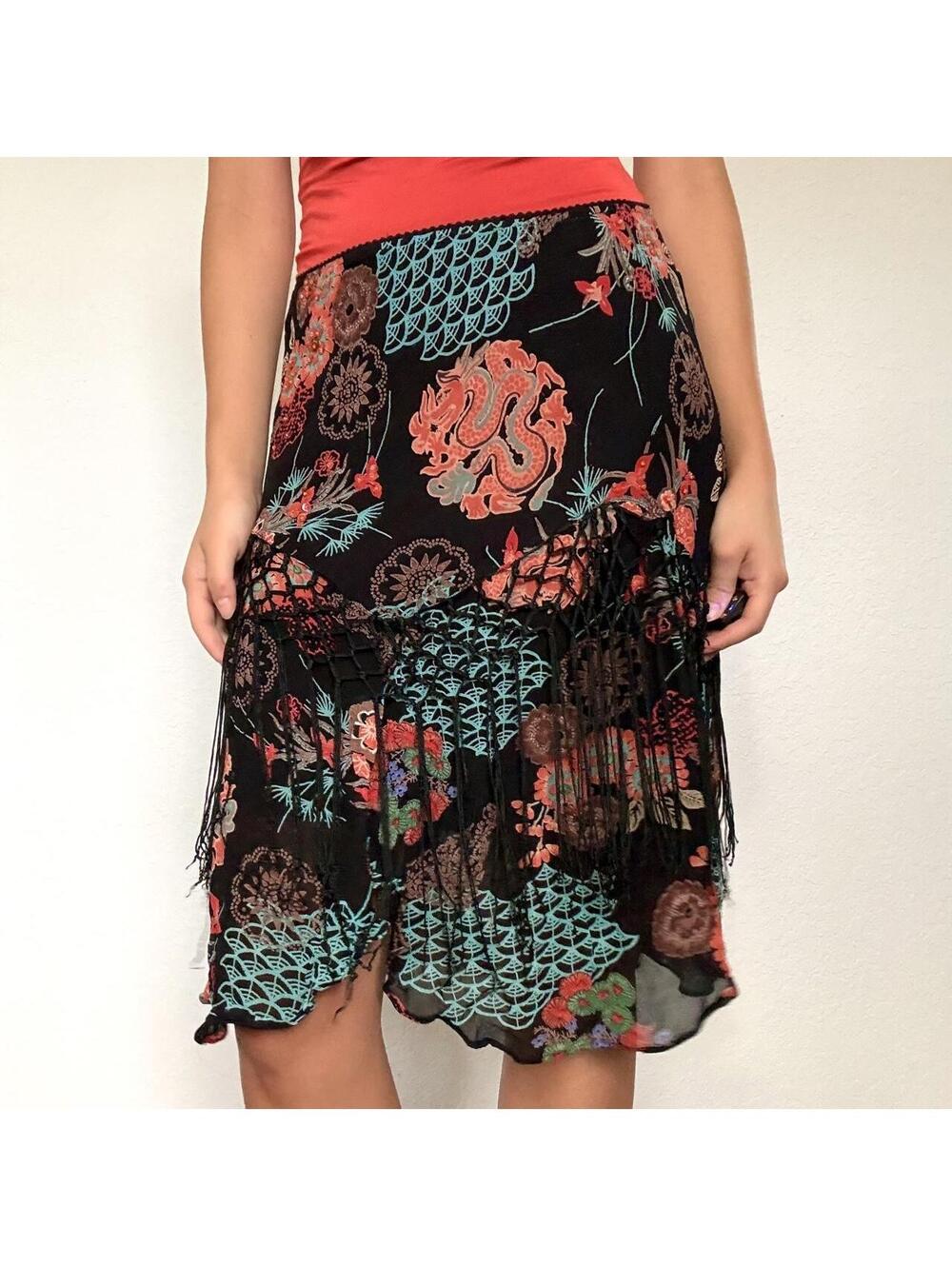 Y2K Lola P. black floral beaded fringe midi skirt - Picture 1 of 8